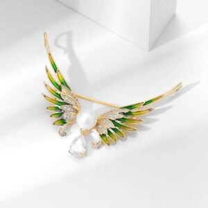 AngelWinged Pearl Brooch - green and golden