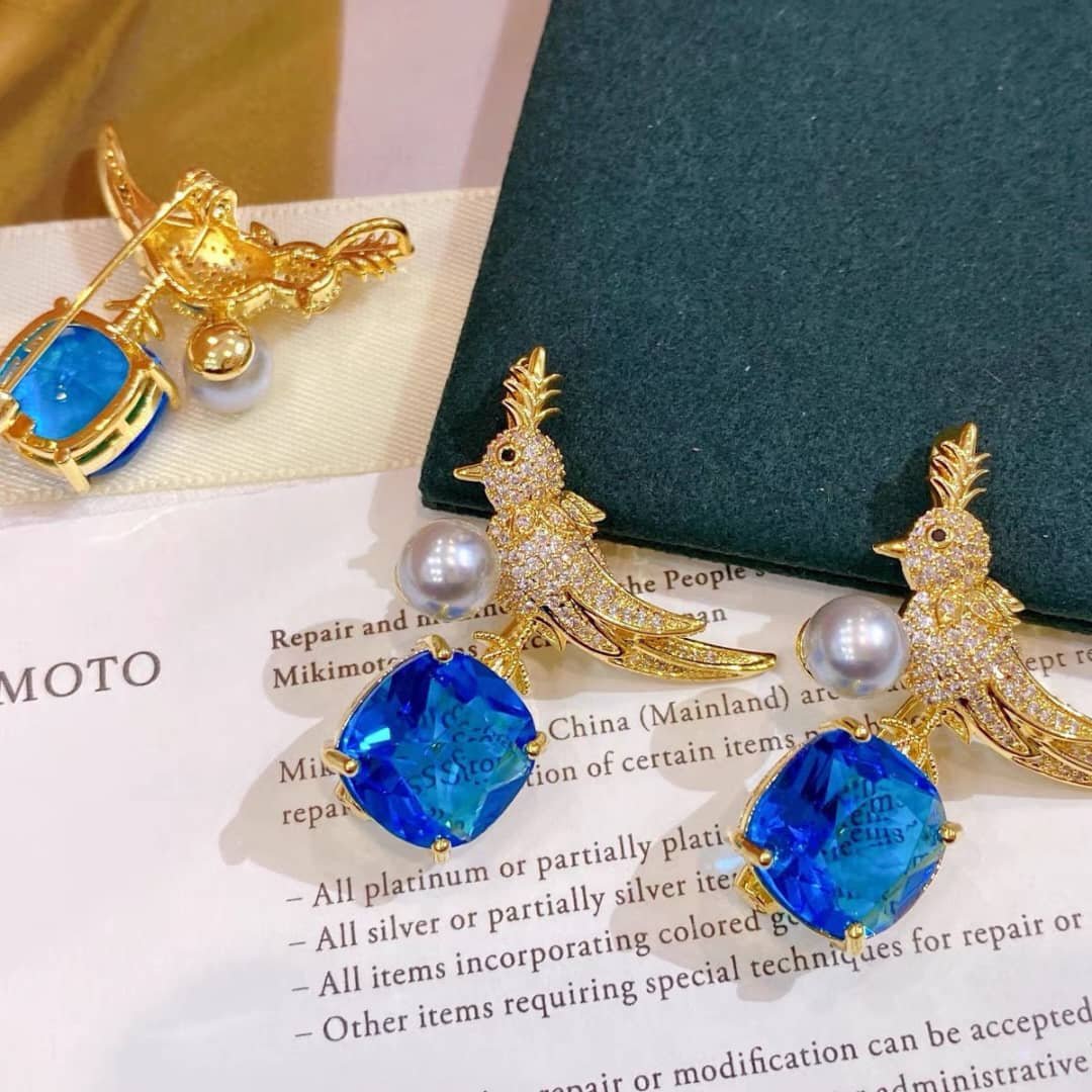 Blue Gemstone Bird Brooch with Pearl
