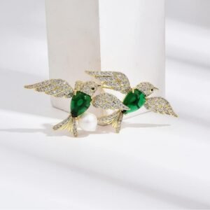 Twin Emerald Birds with Pearl Brooch
