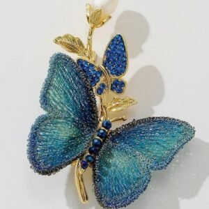 Sparkling Sapphire Fabric Butterfly Brooch