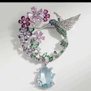 Crystal Hummingbird & Floral Wreath Brooch
