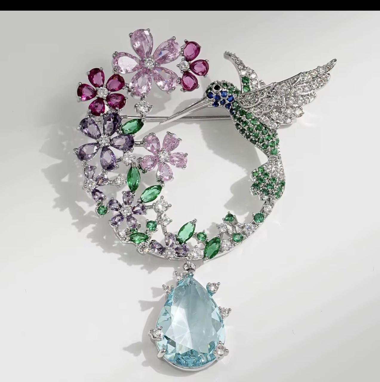 Crystal Hummingbird & Floral Wreath Brooch