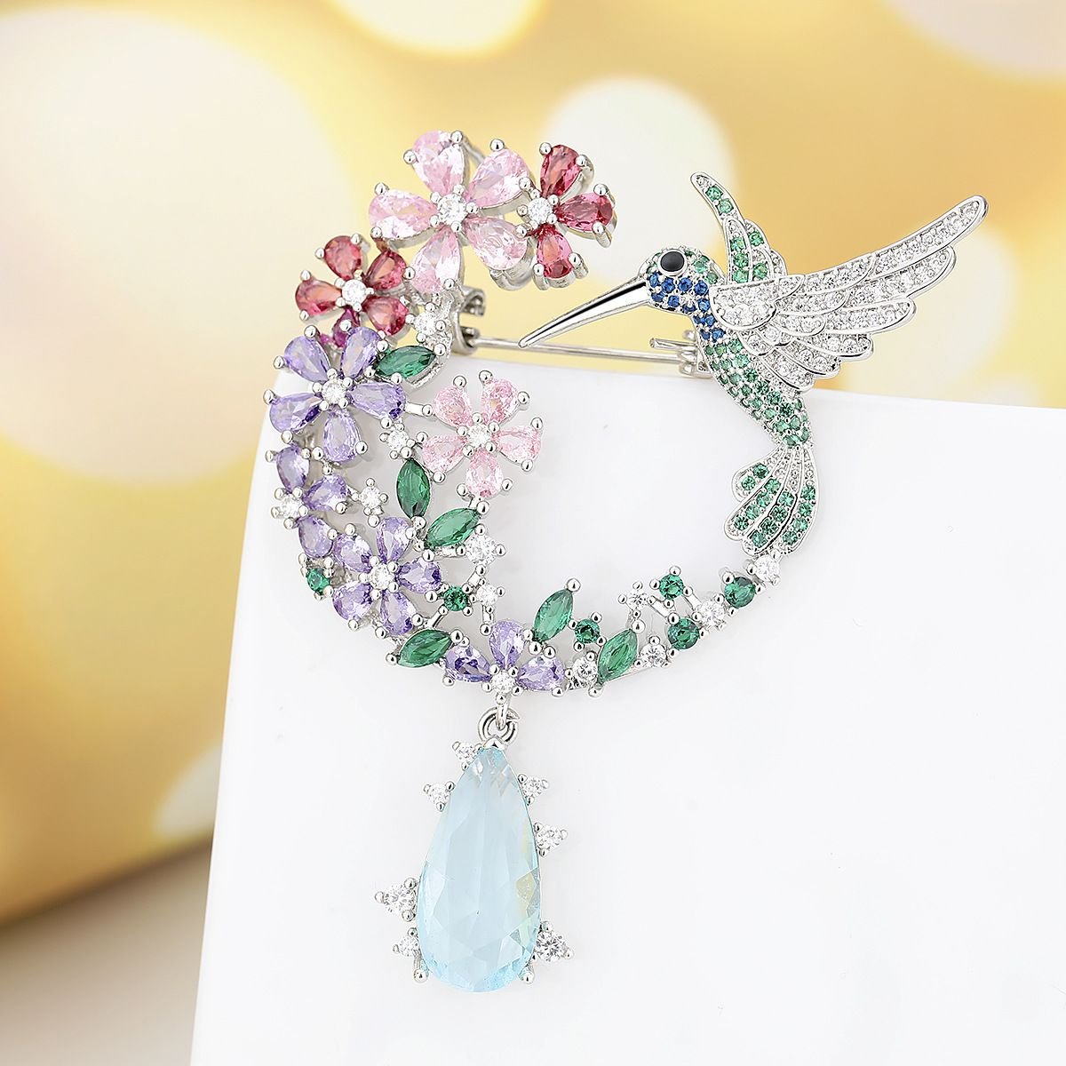 Crystal Hummingbird & Floral Wreath Brooch - Image 4