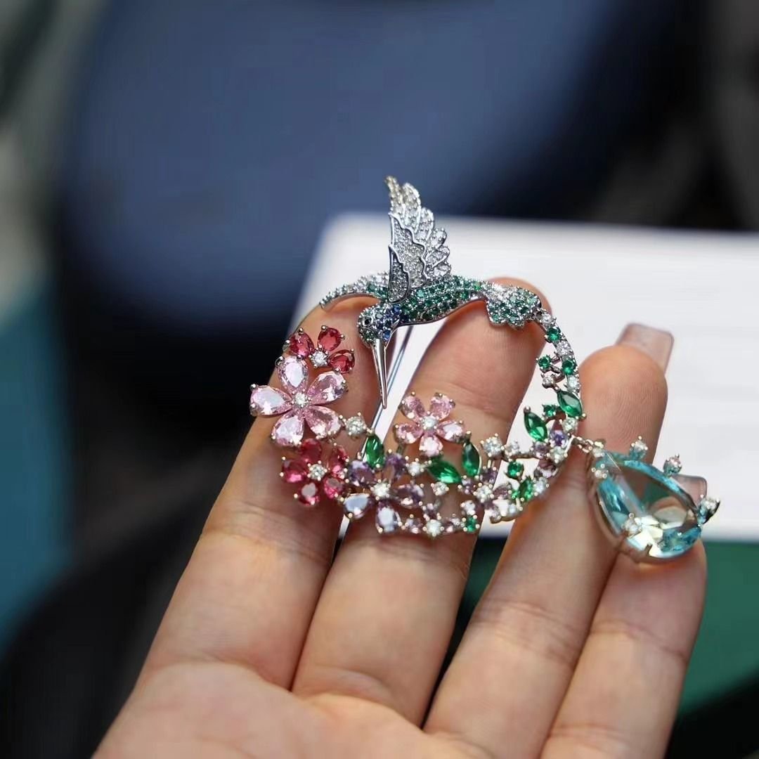 Crystal Hummingbird & Floral Wreath Brooch - Image 3