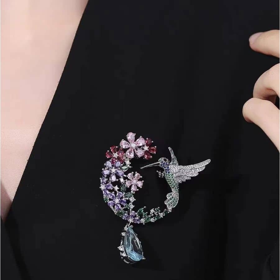 Crystal Hummingbird & Floral Wreath Brooch - Image 2